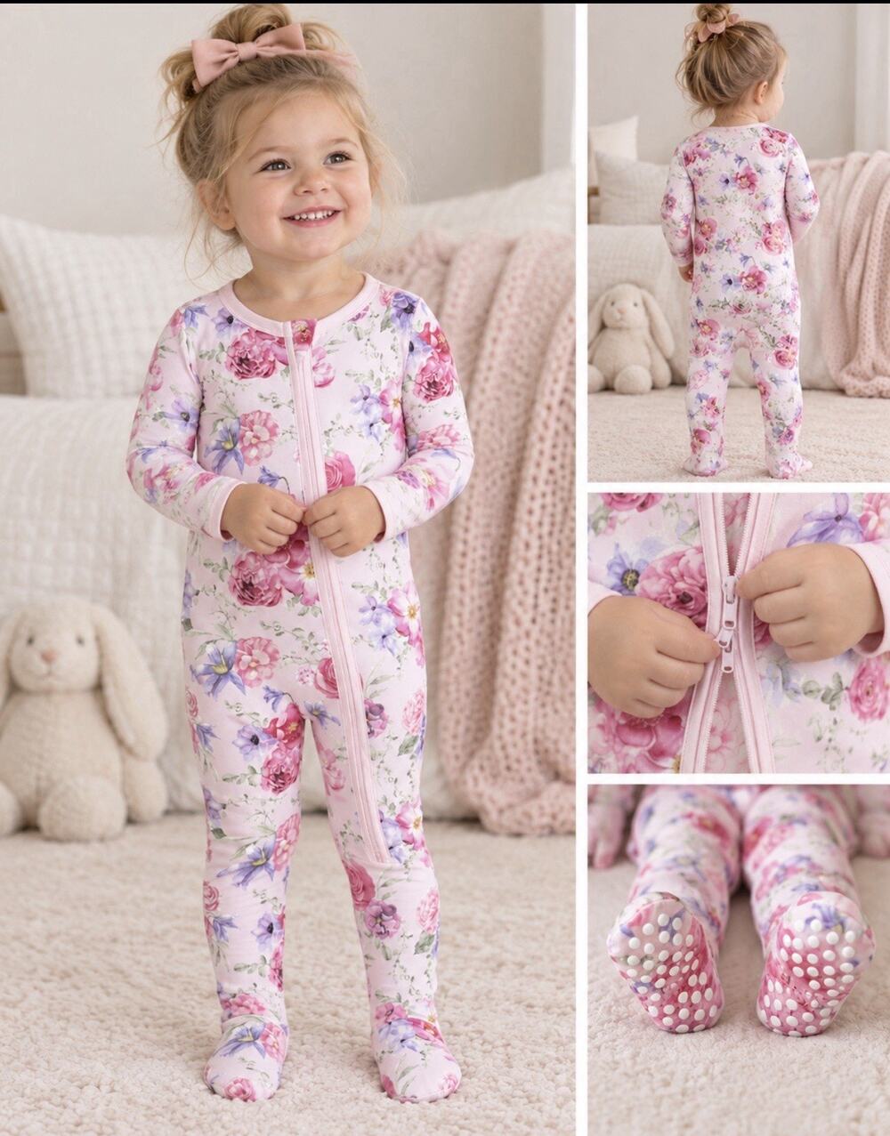 KicKee Pants Bamboo Floral Footed Sleeper Pajamas 2-Way Zipper Pink Girls 9-12M
